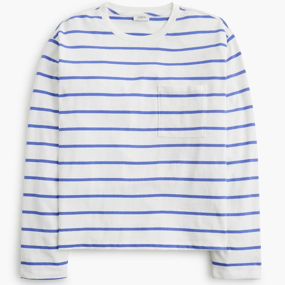J. Crew Ivory Bistro Blue Striped Long-Sleeve Pocket Tee/NWT/L